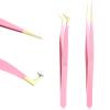 2 PCS Lash Cluster Tweezers Set, Professional Eyelash Extension Tools Fiber Tip Women Lash Eyelash Eyebrow Tweezers with Bent and Straight Tips, Non-Slip Grip for Volume, Classic Lashes (Pink) view 1