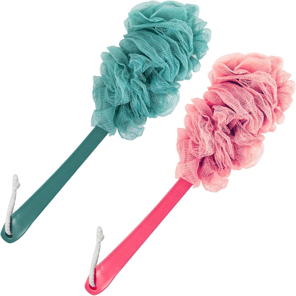 Back Scrubber for Shower, Loofah Sponge Brush Exfoliating Body, Long Handle Scrub Brush for Shower with Loofah on a Stick for Back Use, Bathing Accessories Body Brushes (Pink,Green, 4pcs)