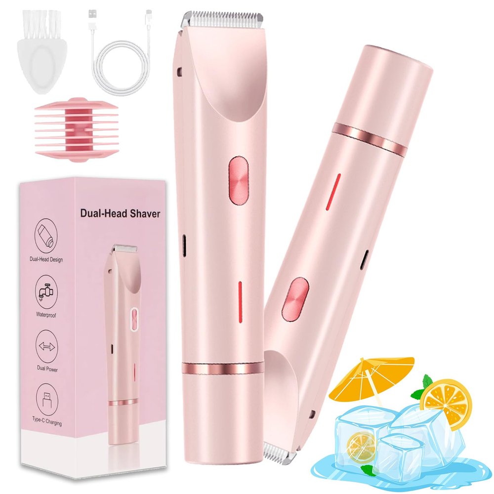Bikini Shaver, Trimmer 2.0, 2 in 1 Bikini Trimmer for Women, Dual Head Shaver Women, 2 in 1 Wet & Dry Waterproof Electric Bikini Trimmer for Face, Body & Intimate Areas (Pink)