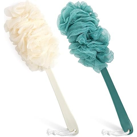 Back Scrubber for Shower, Loofah Sponge Brush Exfoliating Body, Long Handle Scrub Brush for Shower with Loofah on a Stick for Back Use, Bathing Accessories Body Brushes (Green,White, 2pcs)