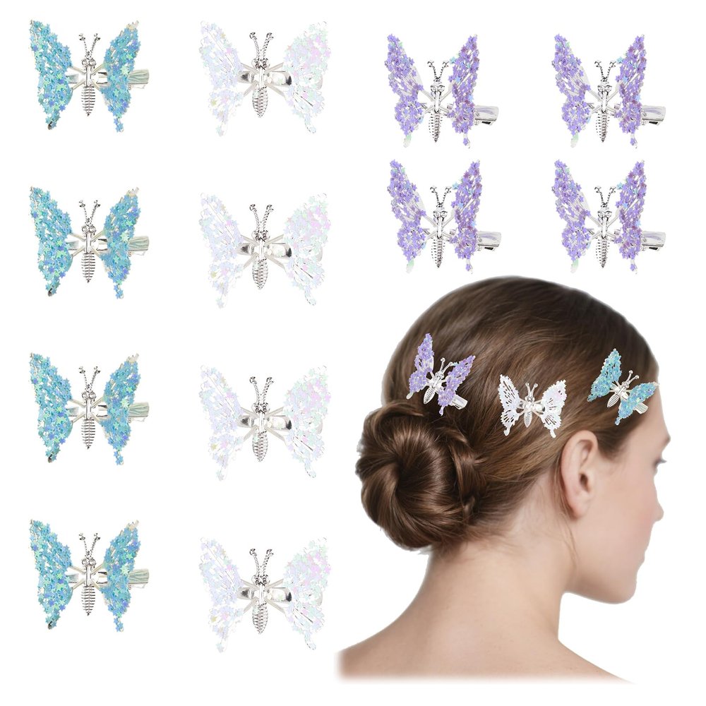 12 Pcs Moving Butterfly Hair Clips Cute Silver Butterfly Hair Barrettes Aesthetic Shiny Butterflies Claw Clips for Women Thick or Thin Hair, Headwear Gifts for Party Decor