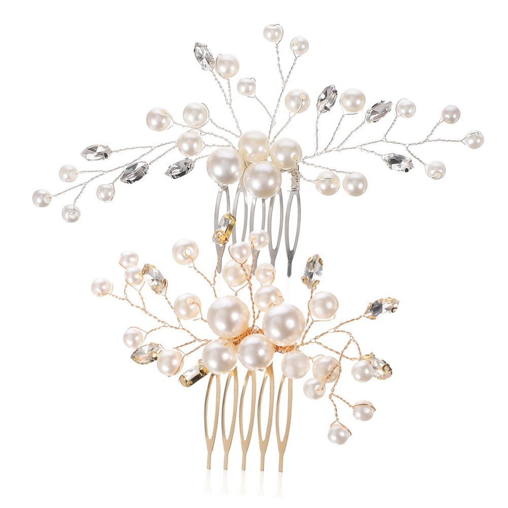 2Pcs Pearl Hair Side Comb Clips with Rhinestones Elegant Bridal Hair Accessories for Weddings Lightweight Hair Combs for Brides Bridesmaids and Mothers