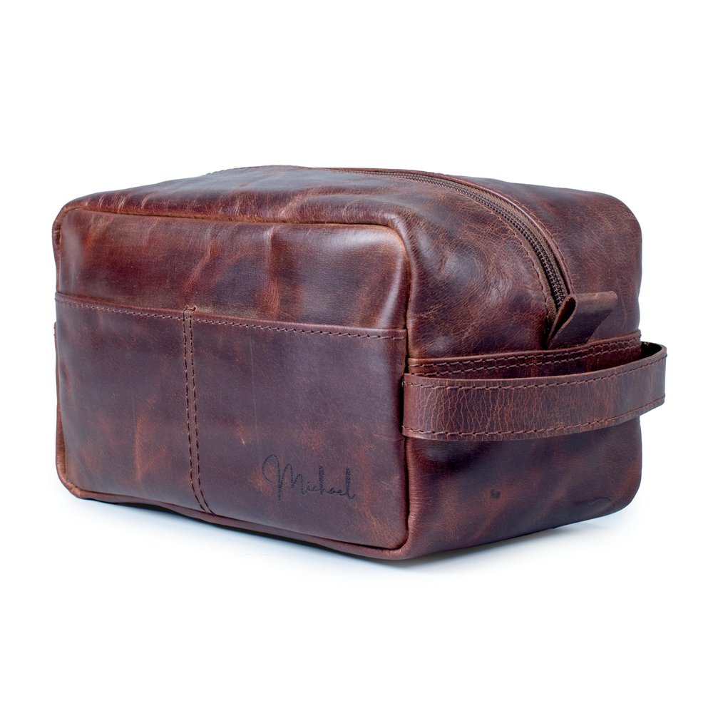 ALDESAKA Genuine Leather Toiletry Bag for Men | Vintage Travel Dopp Kit with Handle | Spacious Shaving & Grooming Organizer