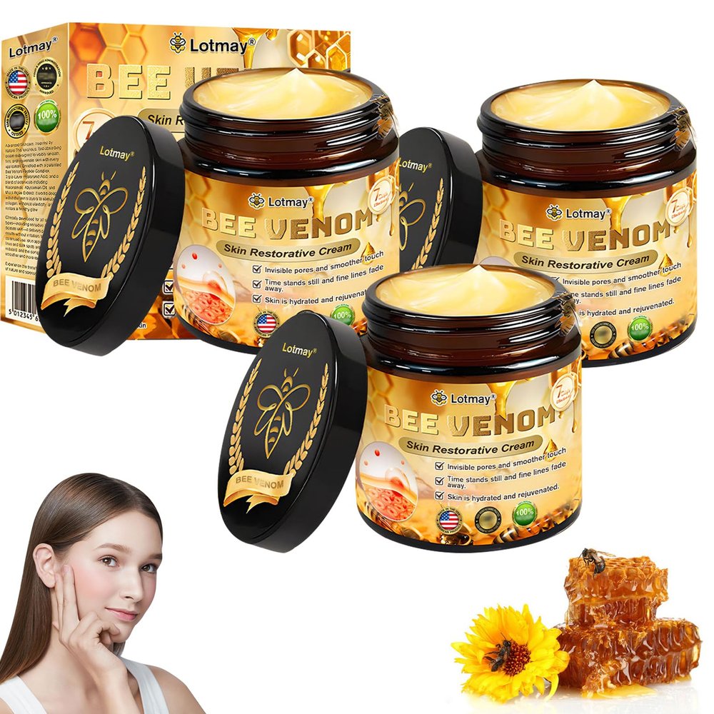 AEEHFENG Lotmay Bee Venom Restorative Cream, Advanced Skin Firming Body Lotion, Lotmay Bee Venom Cream, Reduces wrinkles and blemishes, Natural Ingredients Suitable for All Skin Types (3 Bottle)