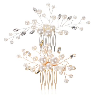 2Pcs Bridal Hair Side Comb Clips with Bling Rhinestones and Pearls Elegant Headdress Hair Accessories for Wedding Party Lightweight Design for Brides and Special