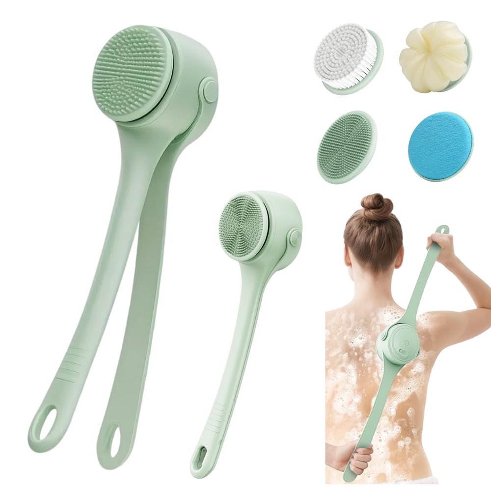 Electric Body Brush Back Scrubber for Shower, Silicone Body Spin Scrubber Shower Brush Cleaner with Long Handle, Rechargeable Bath Brush with 4 Heads for Men and Women, Waterproof Long Dual Power