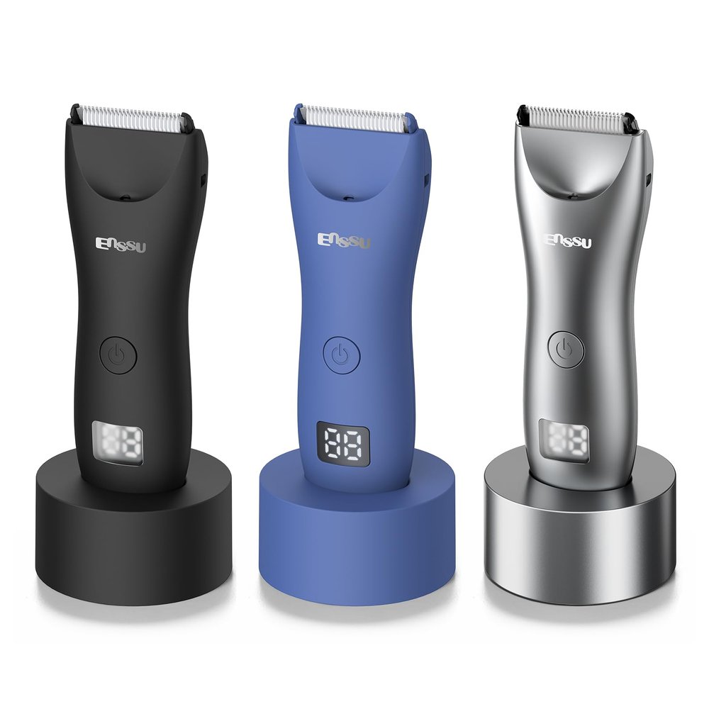 ENSSU Body Hair Trimmer for Men, Manscape Waterproof Pubic & Groin Hair Trimmer with Skin-Safe Ceramic Blade, Electric Ball TrimmerBlue+Black+Gray