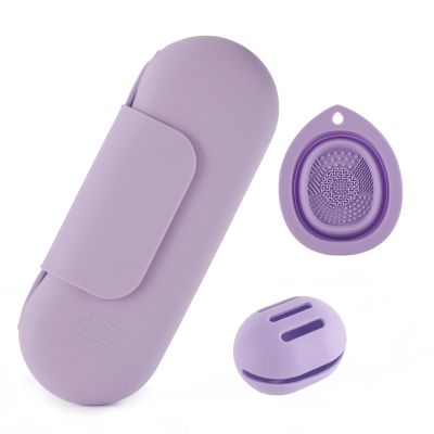 Silicone Makeup Brush Holder Set  Portable Travel Makeup Brush Holder with Makeup Sponge Holder and Foldable Cleaning Bowl  Upgraded 3-in-1 Cosmetic Organizer Set (purple)