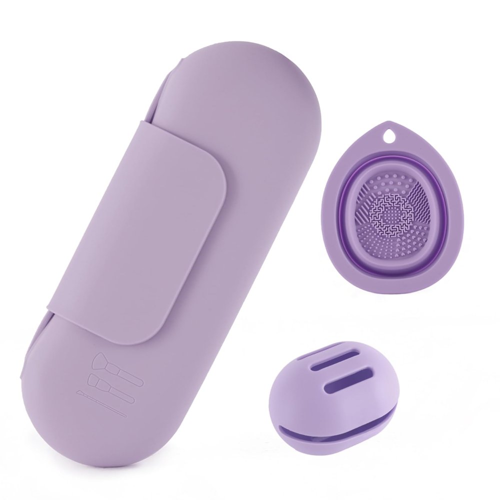 Silicone Makeup Brush Holder Set  Portable Travel Makeup Brush Holder with Makeup Sponge Holder and Foldable Cleaning Bowl  Upgraded 3-in-1 Cosmetic Organizer Set (purple)