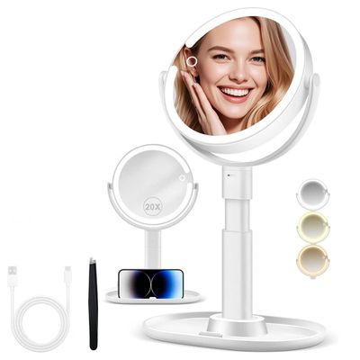 20X/1X Magnifying Makeup Mirror with Lights, Double-Sided Home Vanity Mirror with 3 Color Brightness Adjustable, 360 Rotation, Adjustable Height, Rechargeable, Phone Holder and Storage Tray