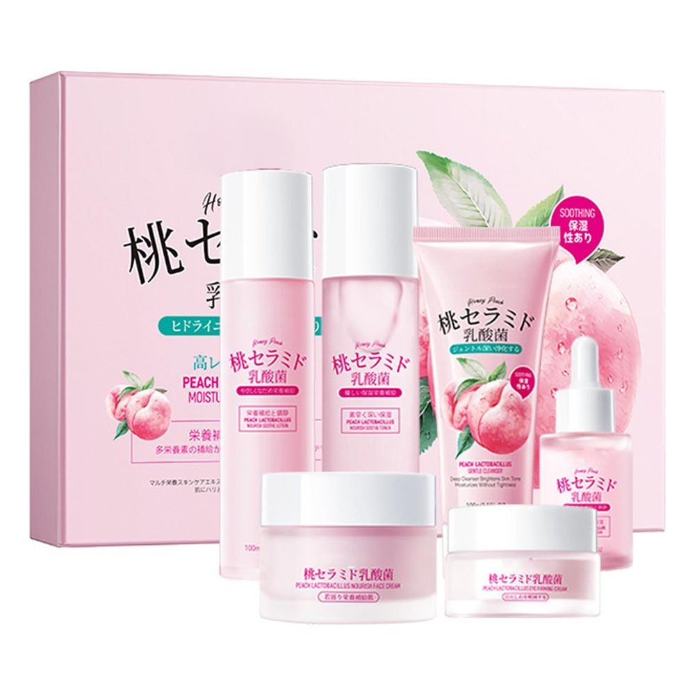 BeauBase Peach Skincare Collection Hydrating & Nourishing Skincare Gift Sets for Women & Teens with Cleanser, Toner, Serum, Eye Cream, Lotion, and Moisturizer, for All Skin Types, Christmas Gift