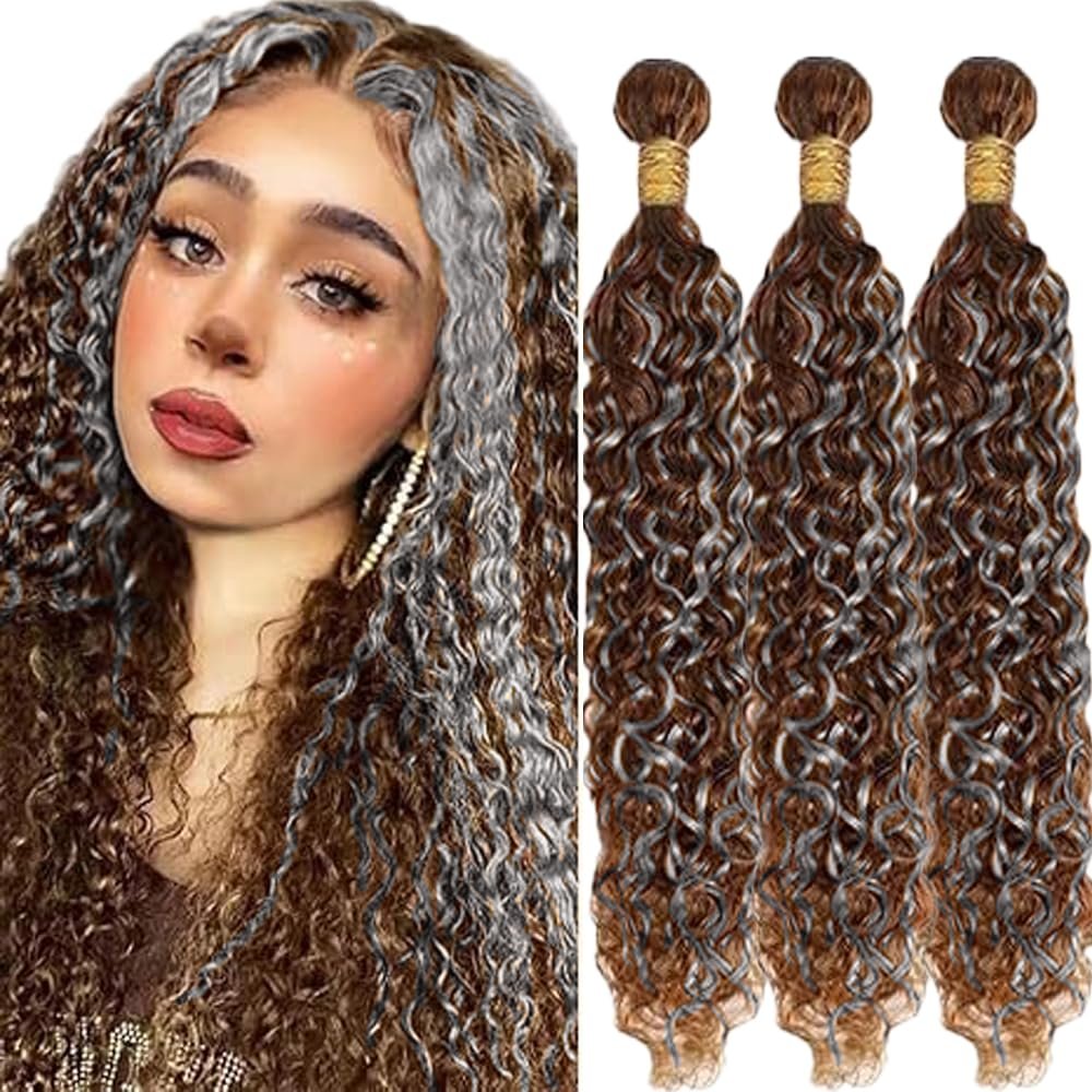 Ratheinhi Grey Bundles Human Hair P4/GREY 22 24 26 Inch Water Wave Human Hair Bundles Highlight Chocolate Grey Unprocessed Brazilian Virgin Quick Weave Hair for Black Women