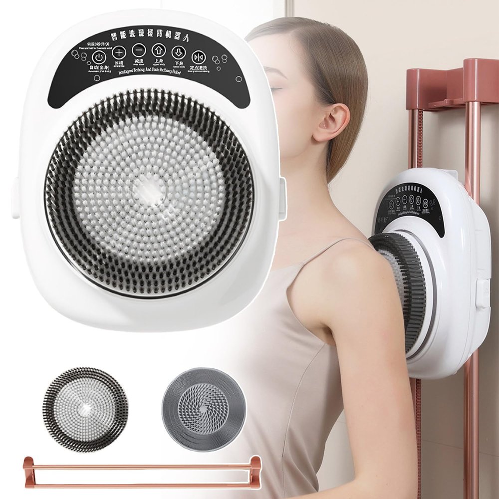 7 Inch Wall-Mounted Electric Back Scrubber, Back Scrubber for Shower Wall, With 2 Replaceable Brush Heads and 148cm Lift Track, Adjustable Height, 3 Cleaning Modes, 6 Adjustable Speeds, 11000rpm/Min