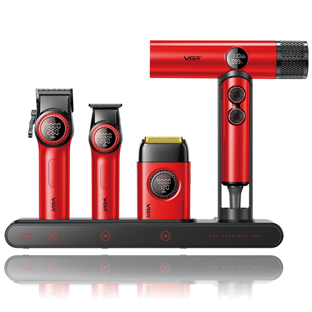 VGR Professional Barber Combo 4 in 1  9000RPM Cordless Hair Clipper & Trimmer, Foil Shaver & Hair Dryer Set, All-in-One Grooming Kit for Home & Barber, Premium Haircutting Kit with Travel Case, Red