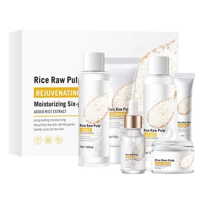 Wenrny Rice Rice Skin Care Gift Set for Women Girls,6 Pcs Rice Raw Pulp Facial Skincare Kit-Cleanser,Toner,Lotion,Essence,Eye Cream and Face Cream to Cleansing,Moisturizing,Smoothing and Firming