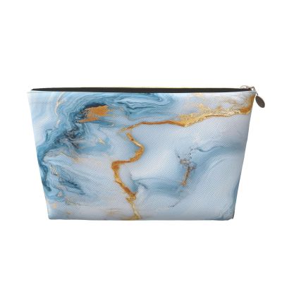 IRIHISKY Cosmetic Bag Pastel Blue Marble White Liquid Makeup Pouch Travel Toiletry Organizer Zipper Waterproof for Women