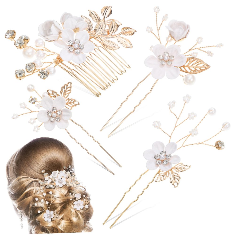 1Set Bridal Hair Accessories Floral Hair Pins Shaped Combs and Side Combs for Elegant Wedding Hair Decoration Durable and Lightweight Design