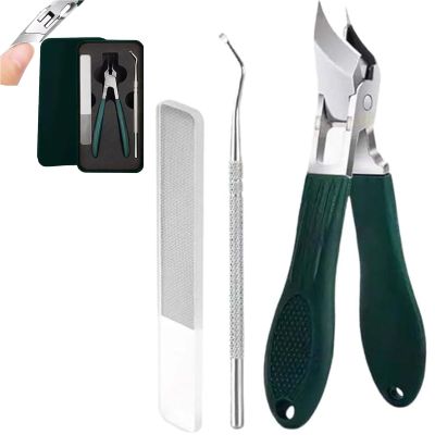 Adult Nail Clippers, 3 PCS Eagle Beak Shaped Beveled Nail Clipper Kit, Slanted Nail Clippers with Wide Jaw Opening and Anti-Splash for, for Manicure and Toenails (Green)