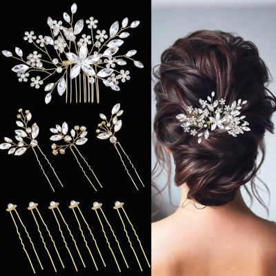 10 pcs Bride Hair Pins Rhinestone Bridal Hair Piece for Women Crystal Hair Accessories for Bride Bridesmaids Flower Girls(Gold)