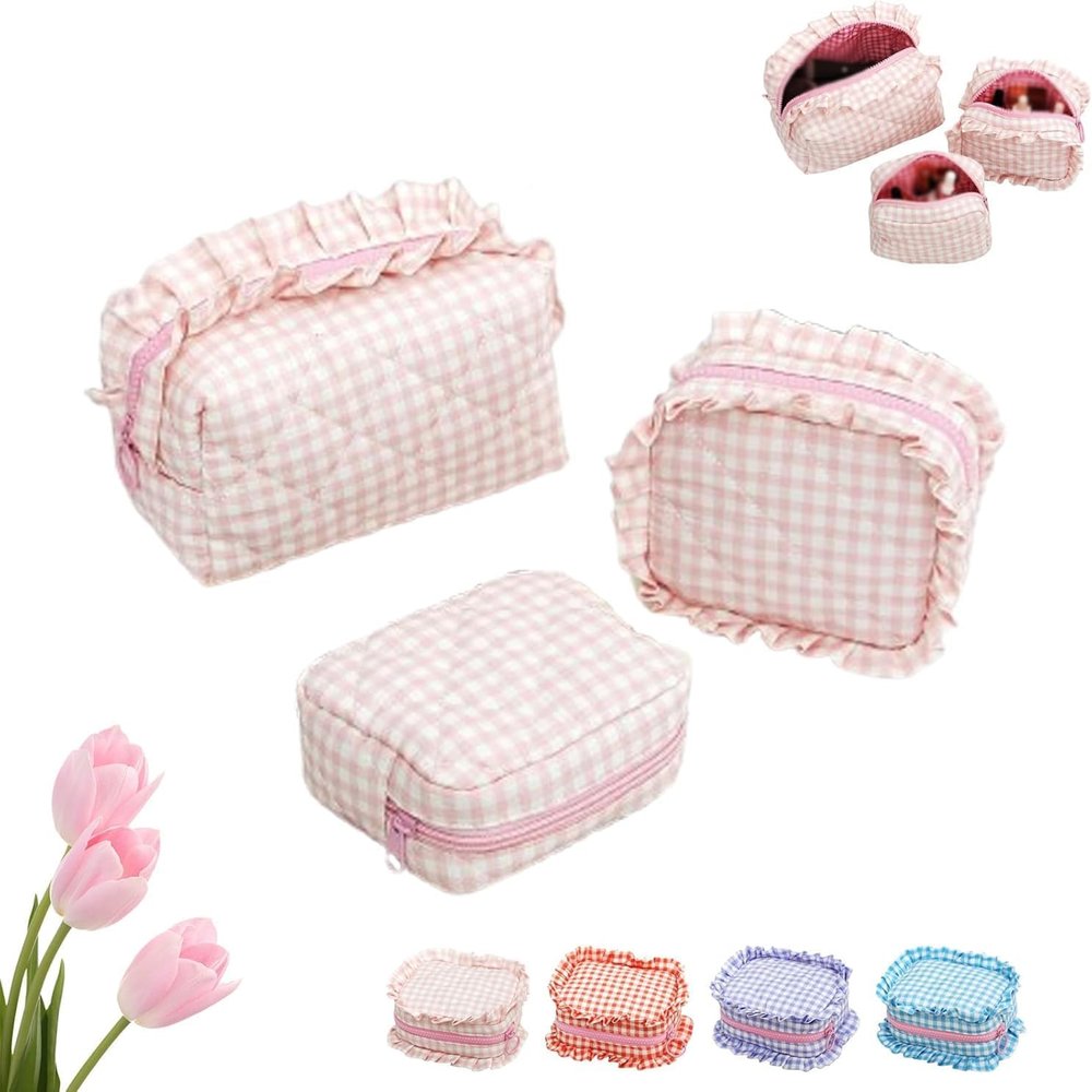 3PC Ruffle Pouch Bag, Plaid Quilted Makeup Bags Set for Travel, Gingham Pouch, Mini Quilted Cosmetic Pouch,Small PlaidQuilted Makeup Bags Set for Travel (Pink)
