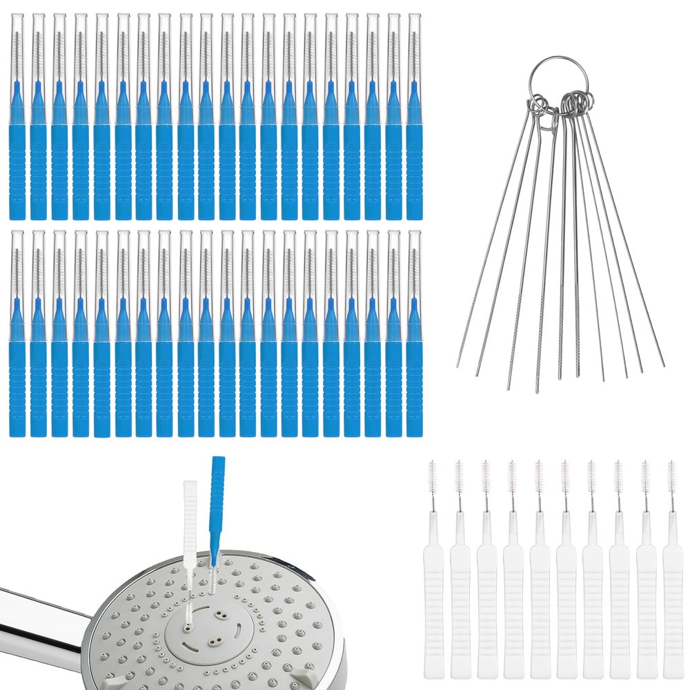 40pcs Shower Head Cleaning Brushes, 2 Designs Shower Head Cleaner Brush Tools & 10 Multi-Sized Unclogging Needles Showerhead Cleaning Pick for Nozzle Small Hole Household Bathroom Window Slot (Blue)