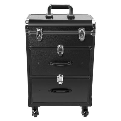 Unnsiapit Rolling Makeup Train Case, L14.2*W9.1*H22.4in Lockable Nail Cart Cosmetic Organizer Box on Wheels, Professional Travel Case with 2 Drawers for Hairstylist Barber Salon (Black)
