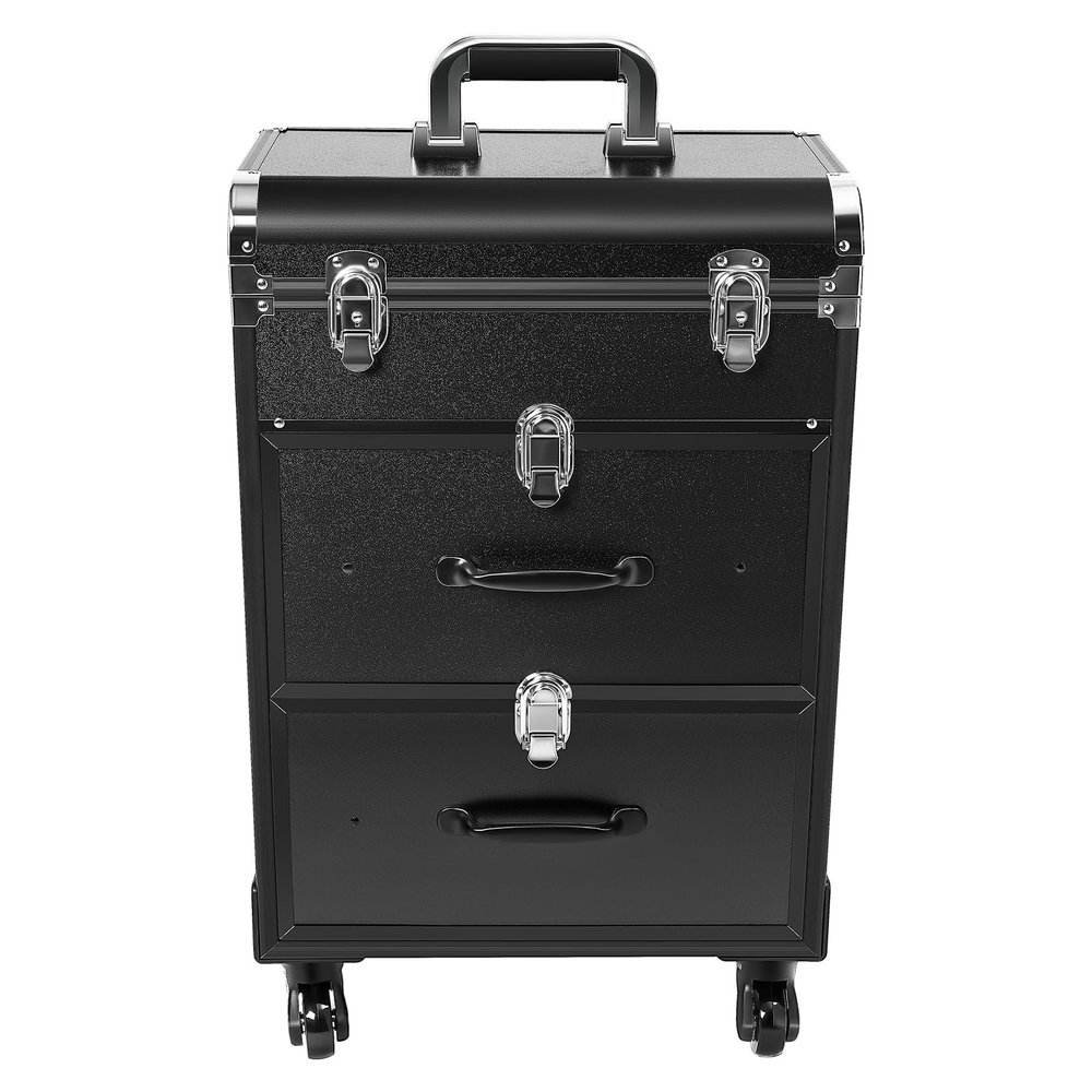 Unnsiapit Rolling Makeup Train Case, L14.2*W9.1*H22.4in Lockable Nail Cart Cosmetic Organizer Box on Wheels, Professional Travel Case with 2 Drawers for Hairstylist Barber Salon (Black)