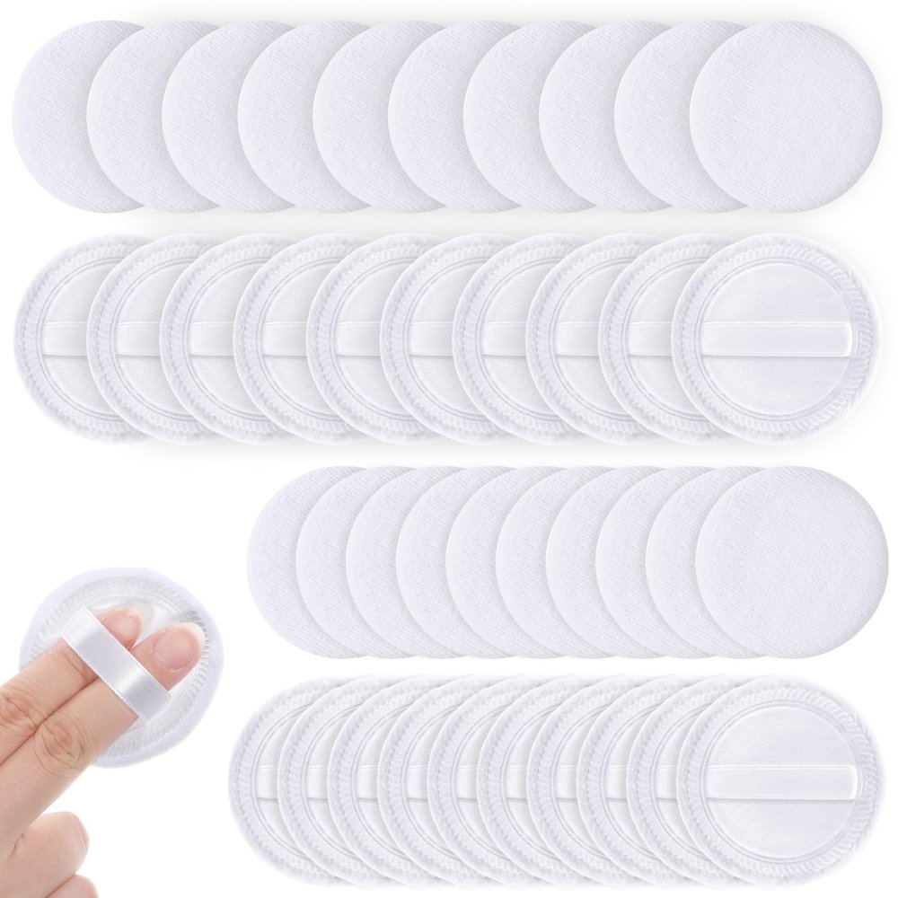 40 Pcs Cotton Powder Puffs Bulk Washable Soft Makeup Powder Pads, White Round Cosmetic Face Powders Makeup Puffs with Ribbon, for Loose Setting Blending Foundation Cream Pressed Body Powders