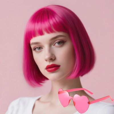 PHOENIXFLY Short Hot Pink Bob Wig With Bangs -12 Inch Natural Fashion Bob Wigs for Women, Cute Colored Synthetic Wig for Daily Party Halloween (Hot Pink)