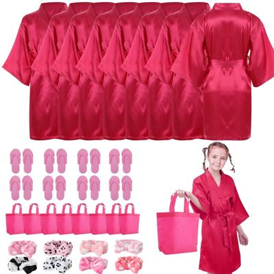 32 Pcs Spa Party Supplies, Featuring 8 Satin Kimono Robes, 8 Spa Headbands, 8 Disposable Foam Slippers, And 8 Tote Bags For Little Ones' Pedicure Or Sleepover Parties,