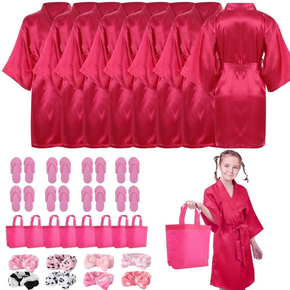 32 Pcs Spa Party Supplies, Featuring 8 Satin Kimono Robes, 8 Spa Headbands, 8 Disposable Foam Slippers, And 8 Tote Bags For Little Ones' Pedicure Or Sleepover Parties,