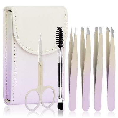 6 PCS Tweezers Set for Women, Eyebrow Tweezers Set with Curved Scissor for Ingrown Hair, Plucking Daily Beauty Tool with Leather Travel Case for Gifts (Gradient Purple)