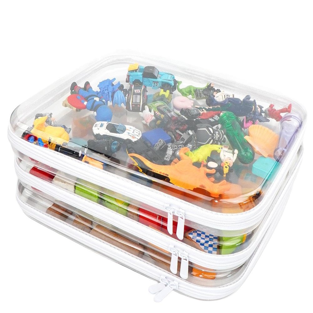3PCS Clear Hard Shell Zipper Case,Toy Organizers and Storage Box,Clear Toiletry Cosmetic Case,Travel Makeup Bags, Diaper Bag Organizer,Pencil Case,Stackable Portable Transparent Zipper Pouches White-L