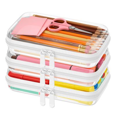 3PCS Clear Hard Shell Zipper Case,Toy Organizers and Storage Box,Clear Toiletry Cosmetic Case,Travel Makeup Bags, Diaper Bag Organizer,Pencil Case,Stackable Portable Transparent Zipper Pouches White-S