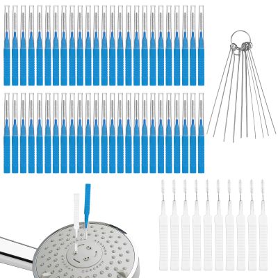 50pcs Shower Head Cleaner Brush, 2 Styles Shower Head Cleaning Brushes with 10 Multi-Sized Unclogging Needles Cleaning Tools for Tiny Nozzle Opening Gaps (Blue)