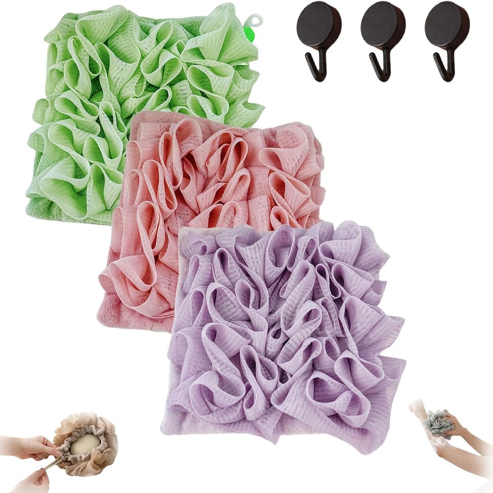 2 in 1 Loofah - Loofah Washcloth for Bar Soap, Exfoliation Soap Bar Loofahs for Body Wash & Smooth Skin (Green+Purple+Pink)