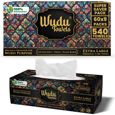 [Bulk 540-Count] Wudu Towels  60 Count x 9 Packs  Biodegradable Dry Ablution Towels  Islamic Prayer Accessory for Home, Mosque, Travel  Pairs with Prayer Beads, Mats & Qibla Compass