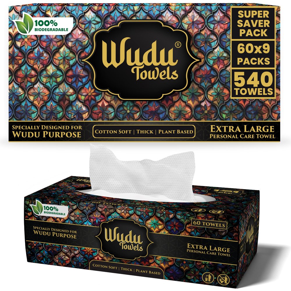 [Bulk 540-Count] Wudu Towels  60 Count x 9 Packs  Biodegradable Dry Ablution Towels  Islamic Prayer Accessory for Home, Mosque, Travel  Pairs with Prayer Beads, Mats & Qibla Compass