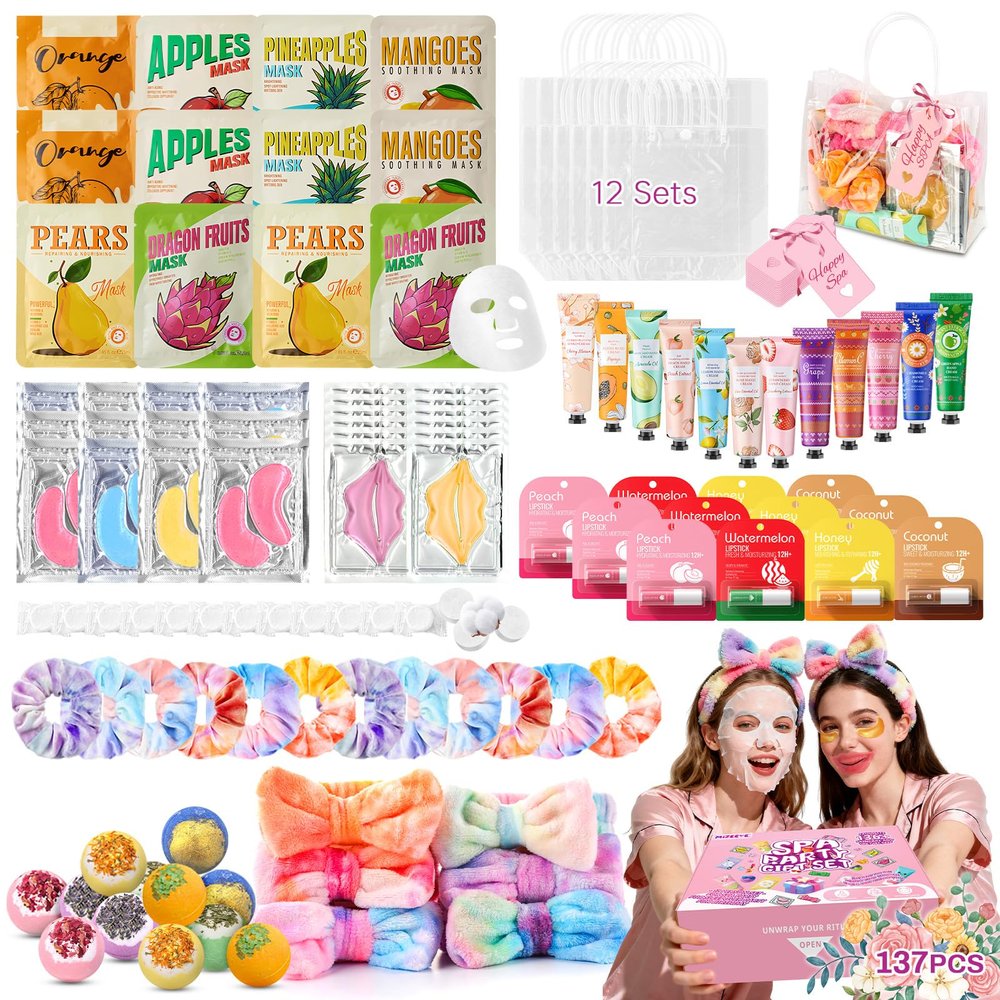 137 PCS Spa Party Supplies For Girls, Include Face Mask, Bath Bombs, Hand Cream, Eye Mask, Lip Mask, Lipstick, Hairband, Natural & Relaxing Sleepover Spa Gift Kit For 12 People, Gentle Moisturizing