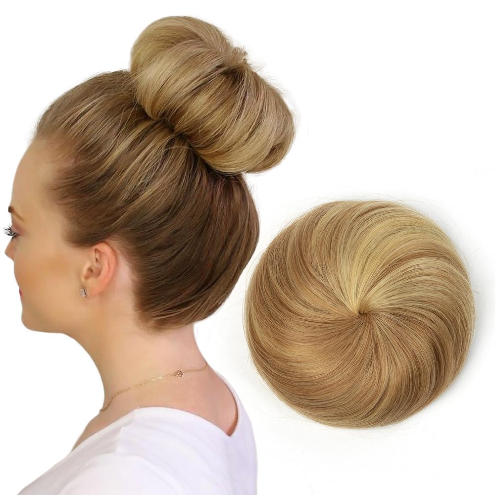 isheeny Human Hair Buns Extension for Women, Drawstring Bun Updo Donut Chignon, Real Hair Fake Ballet Bun, Messy Bun HairPiece for Effortless Style (Honey Golden Highlights)