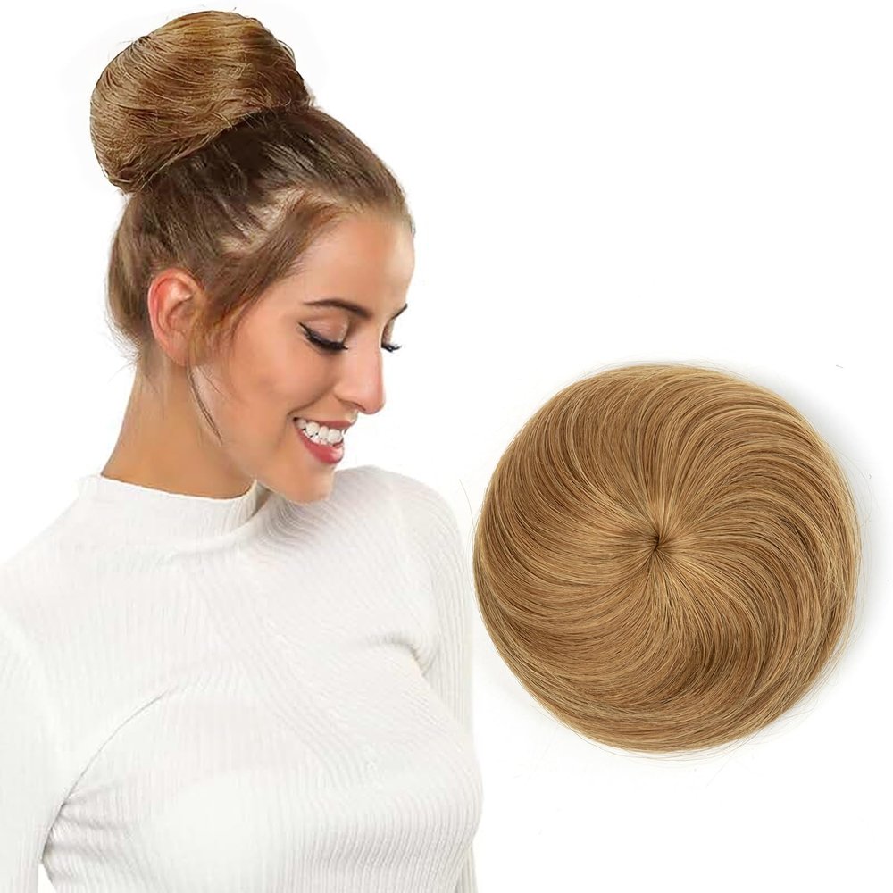 isheeny Human Hair Bun Extension for Women, Drawstring Bun Updo Donut Chignon, Real Hair Fake Ballet Bun for White Women & Girls Messy Bun Hair Piece for Effortless Style (Light Brown)