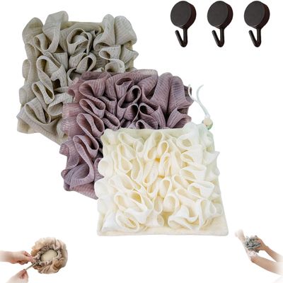 2 in 1 Loofah - Loofah Washcloth for Bar Soap, Exfoliation Soap Bar Loofahs for Body Wash & Smooth Skin (White+Khaki+Coffee)