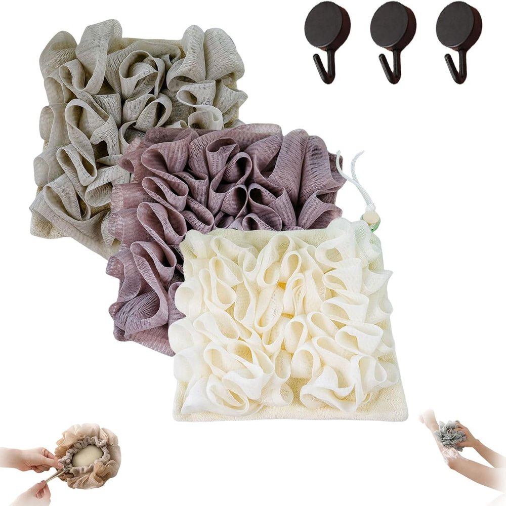 2 in 1 Loofah - Loofah Washcloth for Bar Soap, Exfoliation Soap Bar Loofahs for Body Wash & Smooth Skin (White+Khaki+Coffee)
