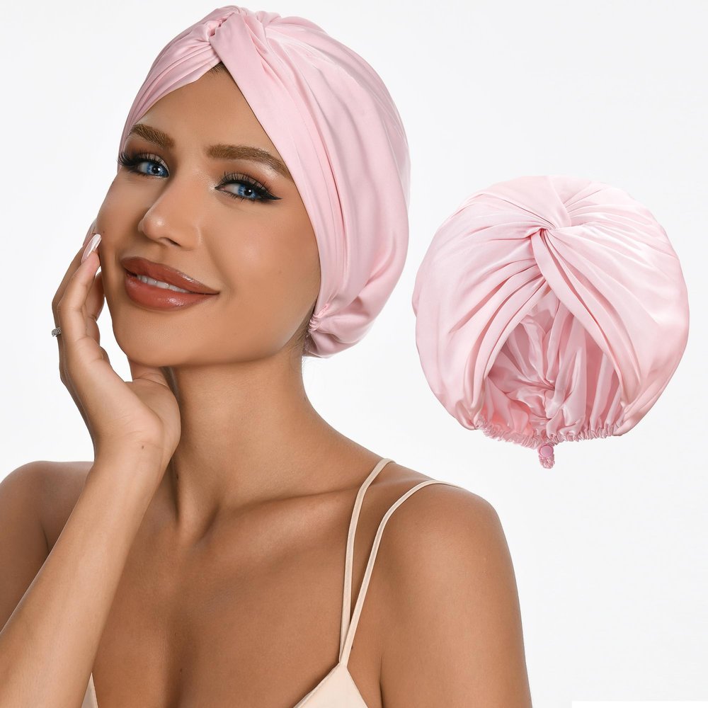 Adjustable Silk Satin Hair Bonnet for Sleeping with 5% Mulberry Silk Double Layer Hair Cap for Women & Men, Extra Smooth Night Cap for Curly, Braided, Natural Hair Silk Shower Cap (Pink)