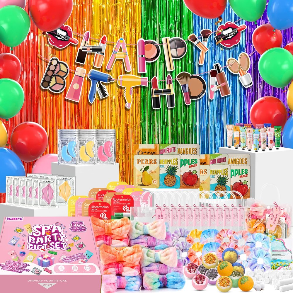 160 PCS Spa Party Supplies For Girls, Kids & Family, Include Face, Eye, Lip & Foot Care, Sleepover Birthday Party Favors With Banner, Balloons, Fringe Curtain, Spa Birthday Gift Set For 12 People