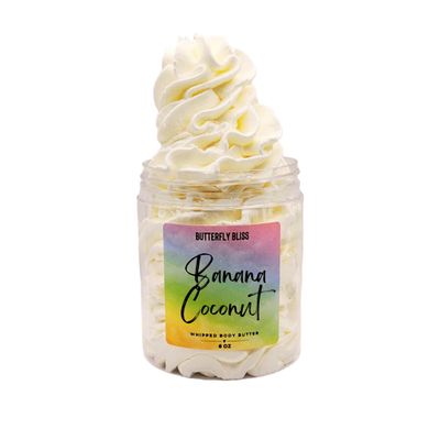 Banana Coconut Whipped Body Butter  Tropical Scented Moisturizer  Shea, Mango & Coconut Oil  Vegan, Paraben-Free  Summer Skincare Gift  8 oz Jar