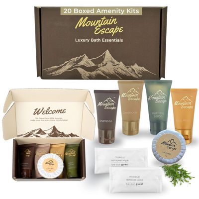 20 Display Ready Boxed Amenity Kits with Premium Hotel Toiletry Essentials - 1 oz Shampoo, Conditioner, Body Wash, Body Lotion, 1.2 oz Guest Soap & 2 Makeup Remover Wipes - Air bnb & Vacation Rentals