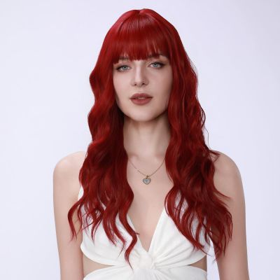 108-2 Long Wavy Red Wig with Bangs, 26 Inches, Heat Resistant Synthetic Fiber, Natural Looking Curls