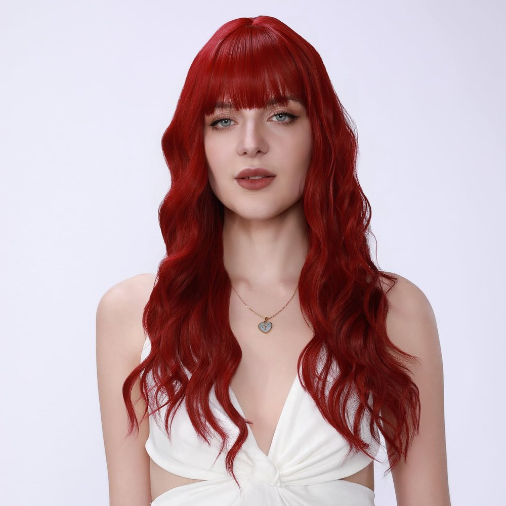 108-2 Long Wavy Red Wig with Bangs, 26 Inches, Heat Resistant Synthetic Fiber, Natural Looking Curls
