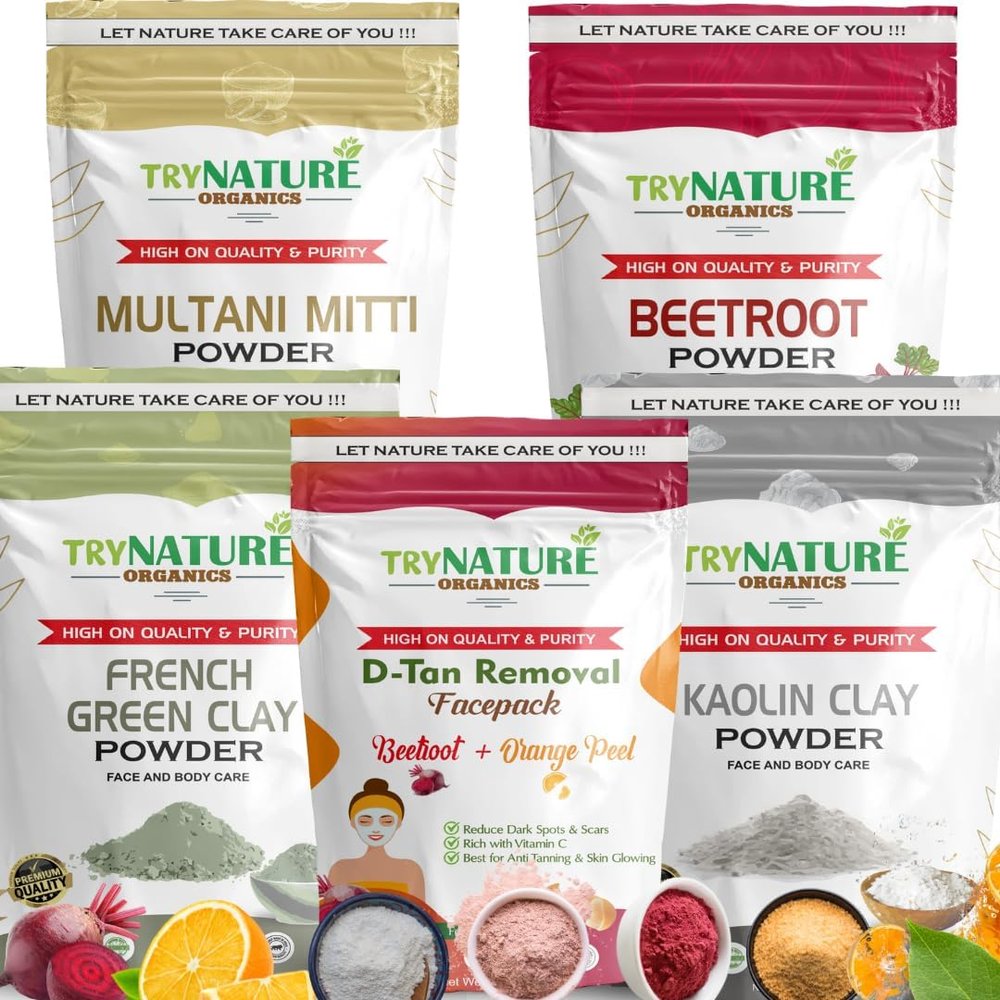 5Pack Super Glow Booster Face Pack Combo Herbal Powders - Beetroot, French Green Clay, Detan (Mix of Orange+Beetroot), Multani Mitti & Kaolin Clay | D-Tan Removal, Acne/Pimples & Cleansing